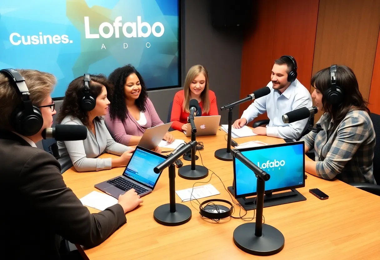 Radio studio at Cumulus Media featuring a team engaged in business news discussions.