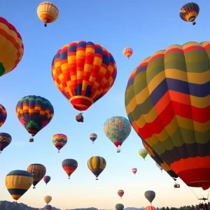 Brightly colored hot air balloons ascending in the sky during dawn at Albuquerque's International Balloon Fiesta