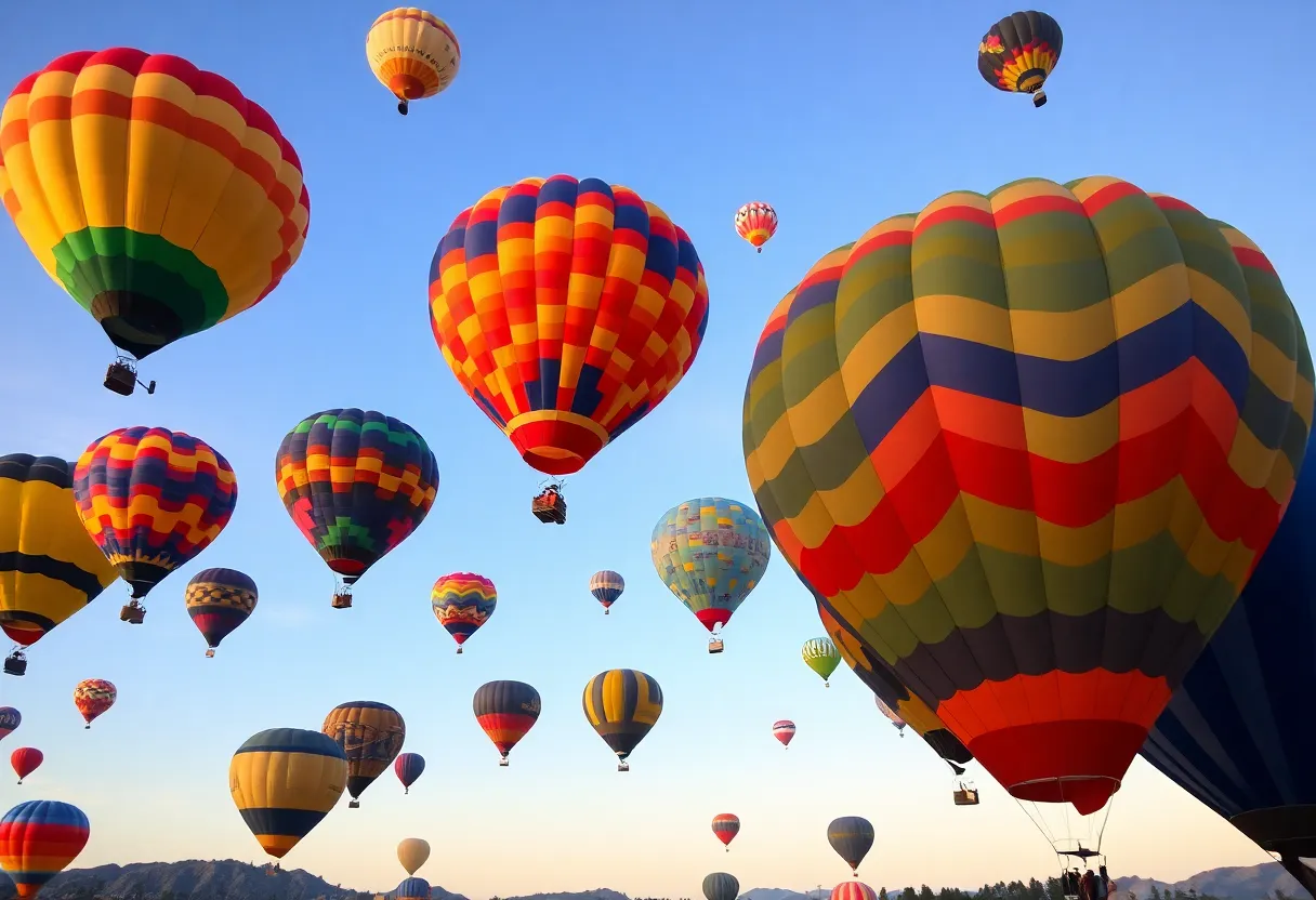 Brightly colored hot air balloons ascending in the sky during dawn at Albuquerque's International Balloon Fiesta