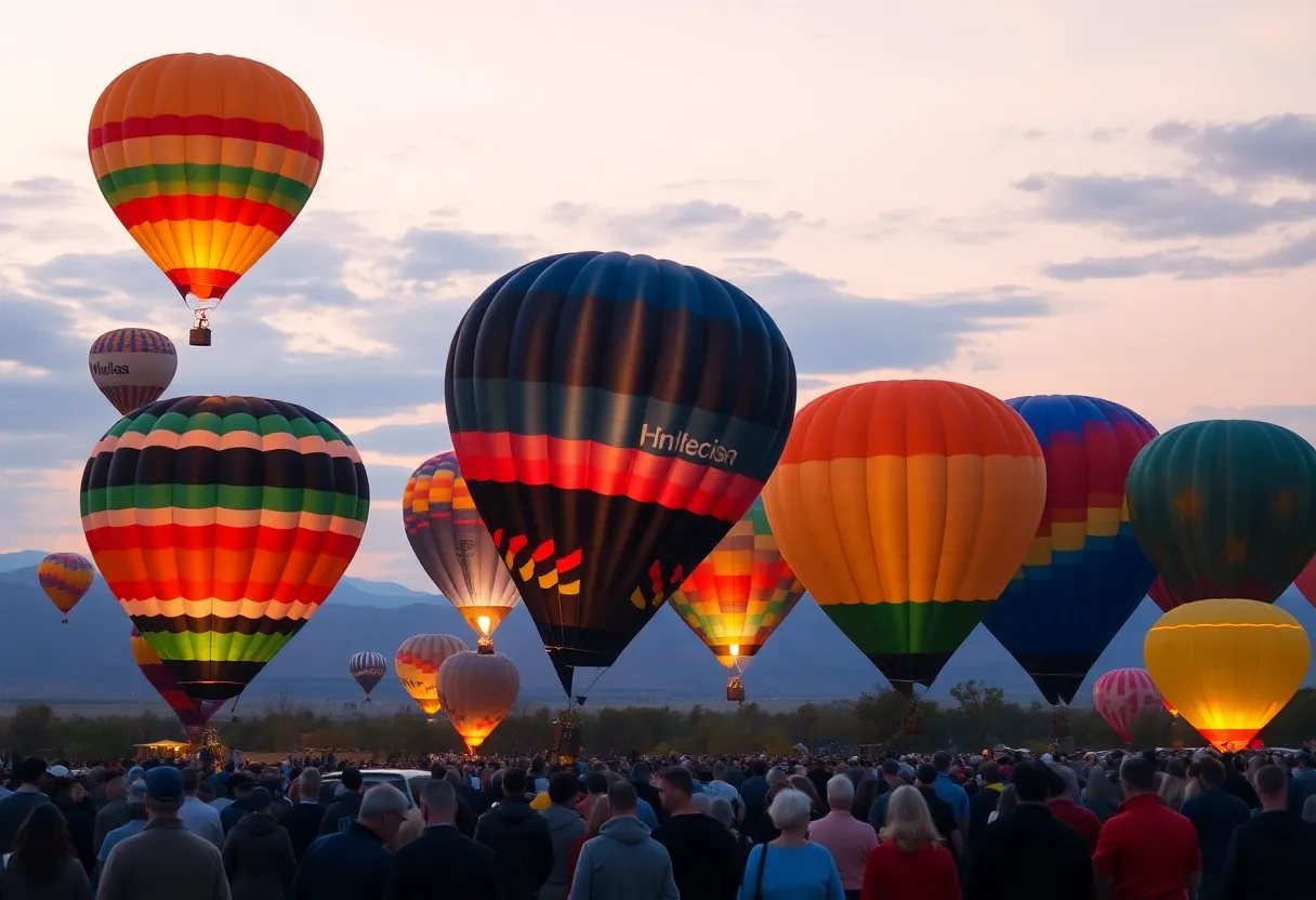 Colorful hot air balloons rising at dawn during the Albuquerque International Balloon Fiesta