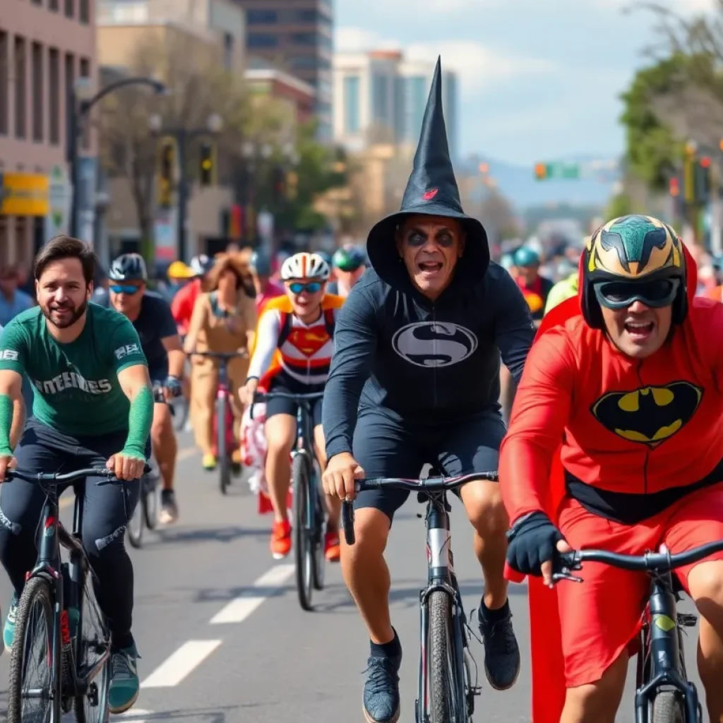 Cyclists dressed in Halloween costumes riding in Albuquerque for Day of the Tread event.