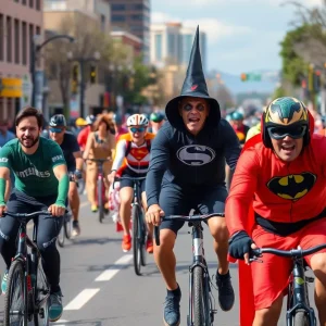 Cyclists dressed in Halloween costumes riding in Albuquerque for Day of the Tread event.