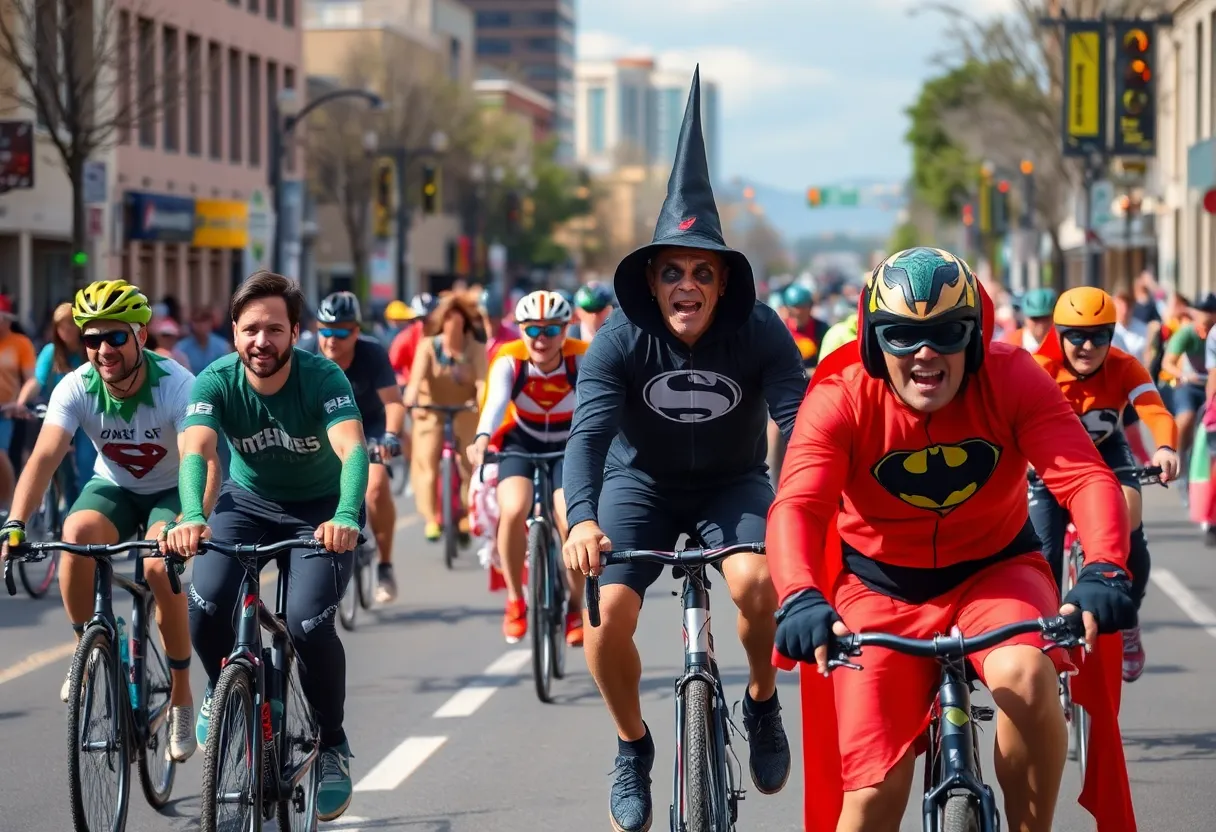 Cyclists dressed in Halloween costumes riding in Albuquerque for Day of the Tread event.