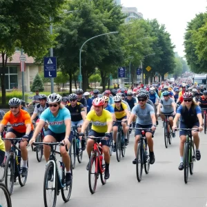 Cyclists participating in the Day of the Tread event in Albuquerque promoting sustainable transport.