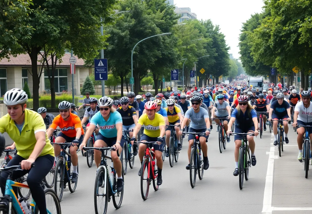 Cyclists participating in the Day of the Tread event in Albuquerque promoting sustainable transport.