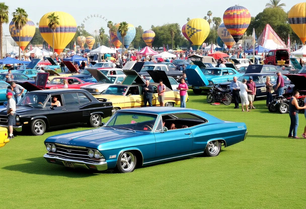 Festival attendees enjoying the Day of the Tread festival with various vehicles on display.
