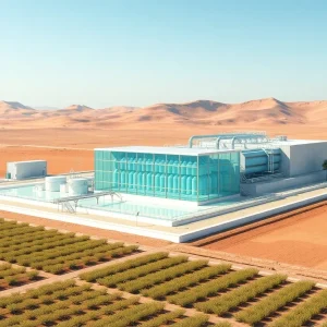 Conceptual illustration of a desalination plant surrounded by agricultural land