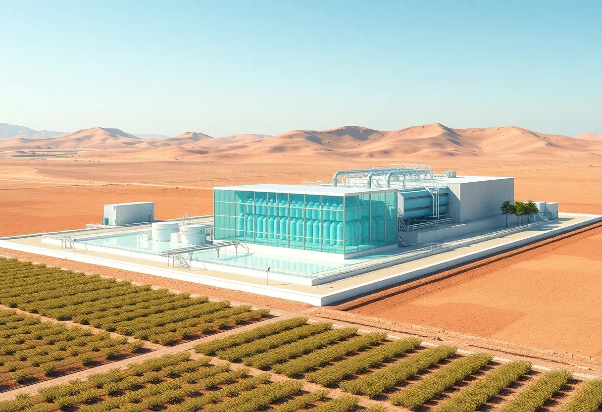Conceptual illustration of a desalination plant surrounded by agricultural land