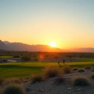 Scenic view of a desert golf course with mountains in the background