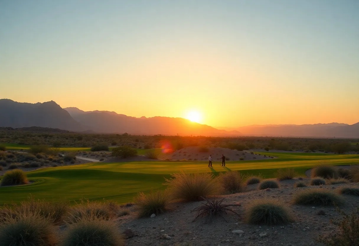 Scenic view of a desert golf course with mountains in the background
