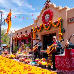 A festive Dia de los Muertos scene with marigolds and traditional decorations in Albuquerque.