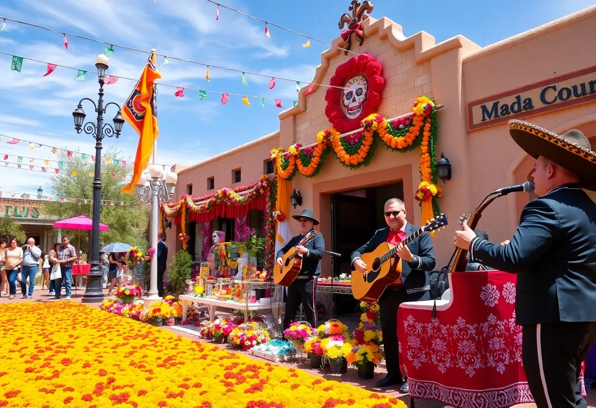 A festive Dia de los Muertos scene with marigolds and traditional decorations in Albuquerque.