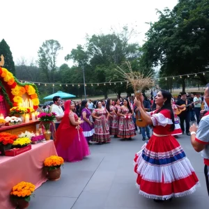 Families celebrating Dia de los Muertos in Albuquerque with colorful altars.