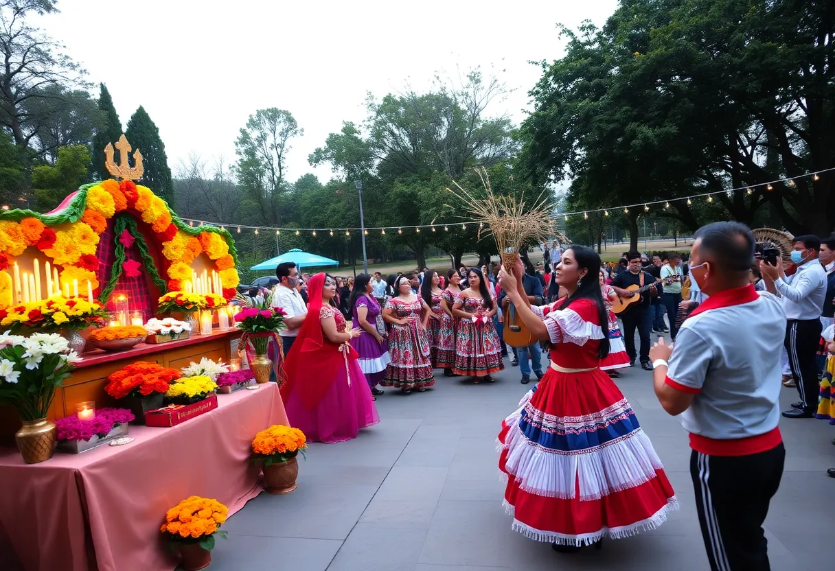 Families celebrating Dia de los Muertos in Albuquerque with colorful altars.