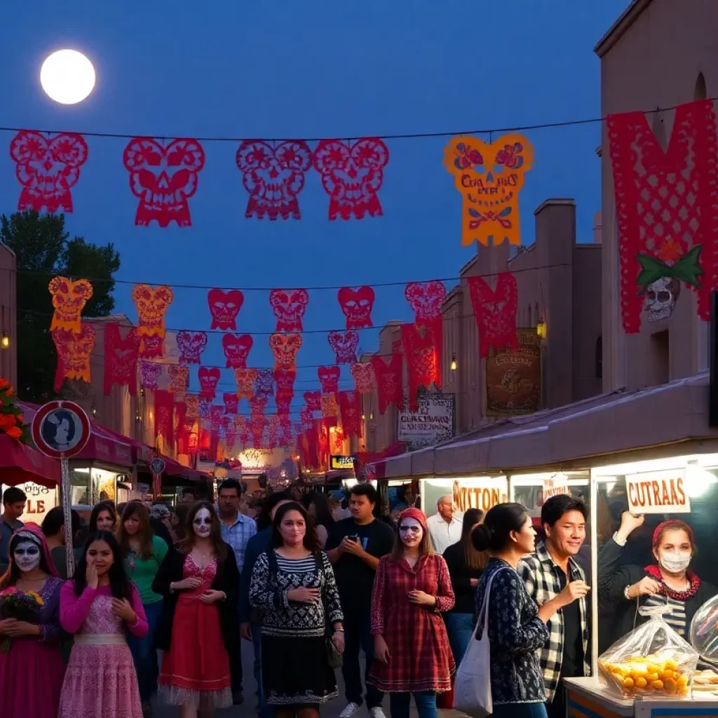 Colorful scene of Dia de los Muertos celebrations in Old Town Albuquerque with decorations and participants.