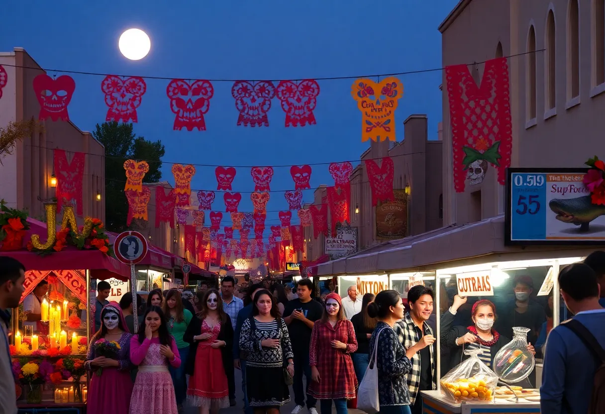 Colorful scene of Dia de los Muertos celebrations in Old Town Albuquerque with decorations and participants.