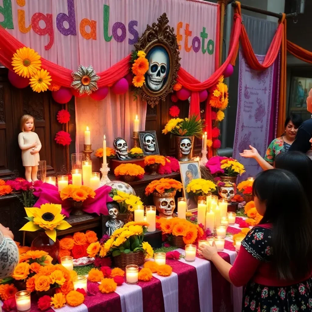 Colorful Dia de los Muertos altar with vibrant flowers and decorations
