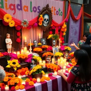 Colorful Dia de los Muertos altar with vibrant flowers and decorations
