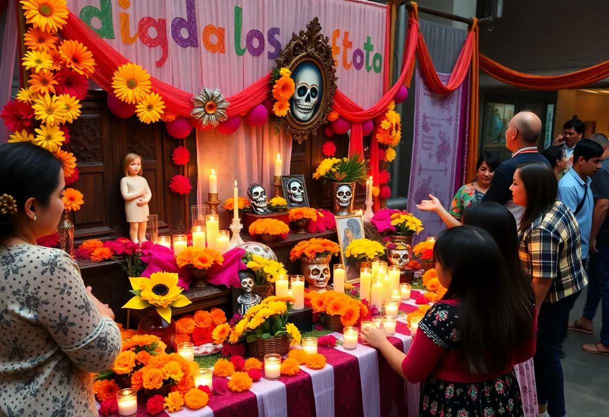 Colorful Dia de los Muertos altar with vibrant flowers and decorations