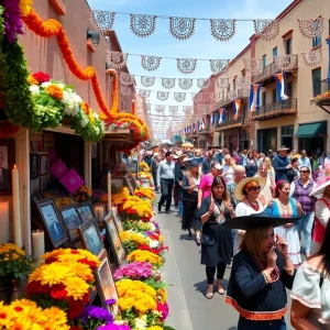 Vibrant Dia de los Muertos celebrations in historic Old Town Albuquerque with participants and colorful altars.