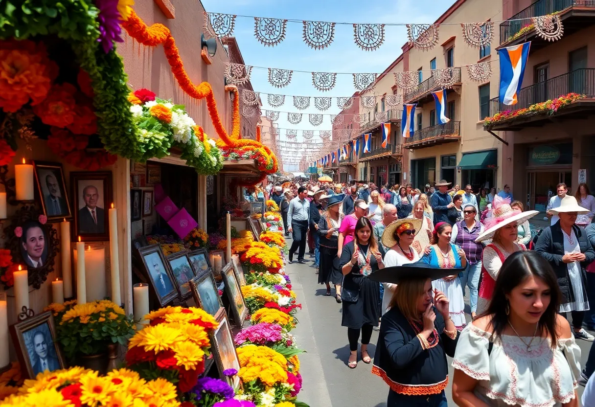 Vibrant Dia de los Muertos celebrations in historic Old Town Albuquerque with participants and colorful altars.