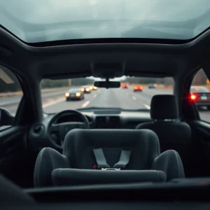 An empty car seat on a highway representing child endangerment in DUI cases