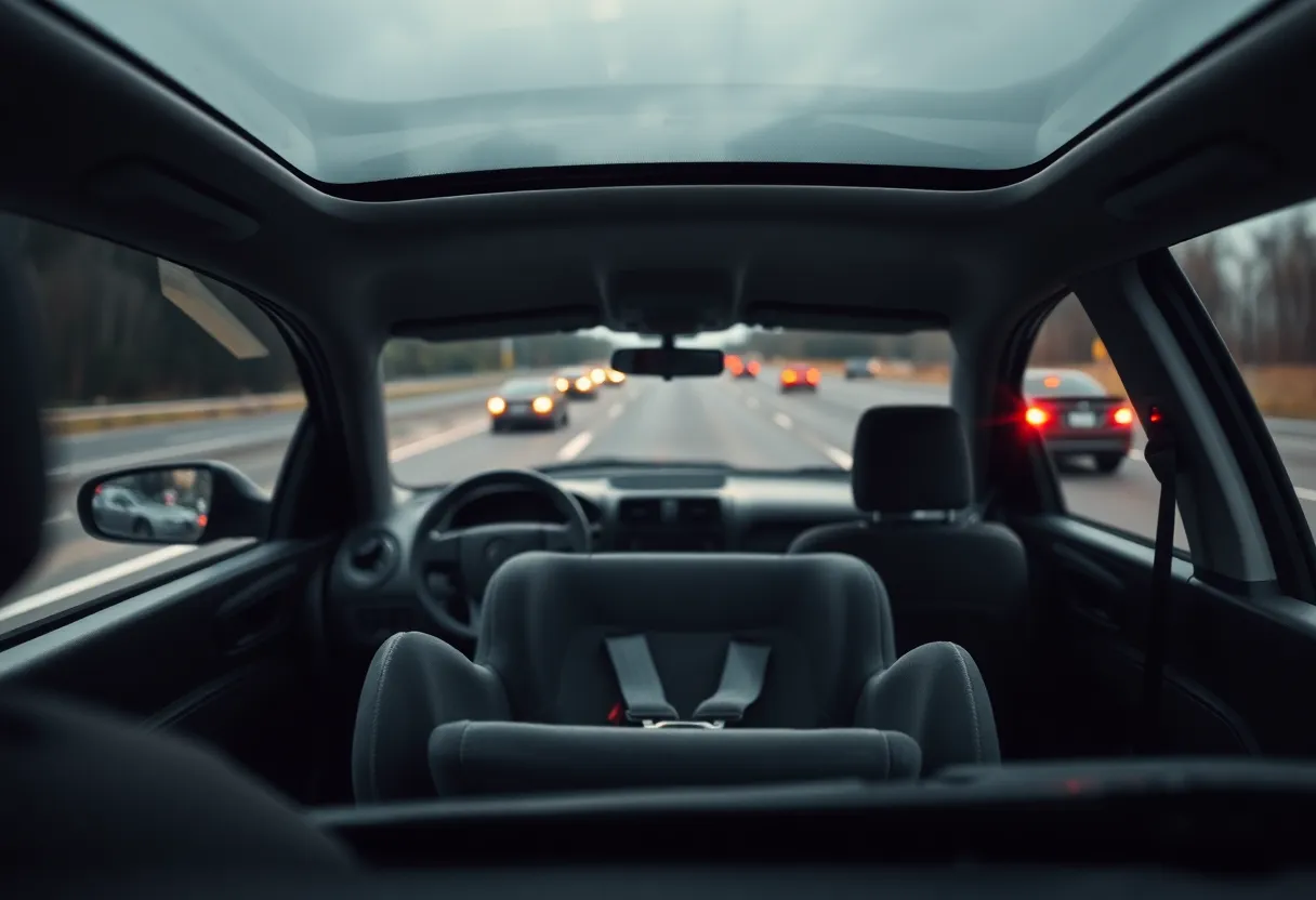 An empty car seat on a highway representing child endangerment in DUI cases