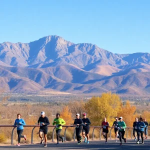 Participants running in the Duke City Marathon with Sandia Mountains in the background