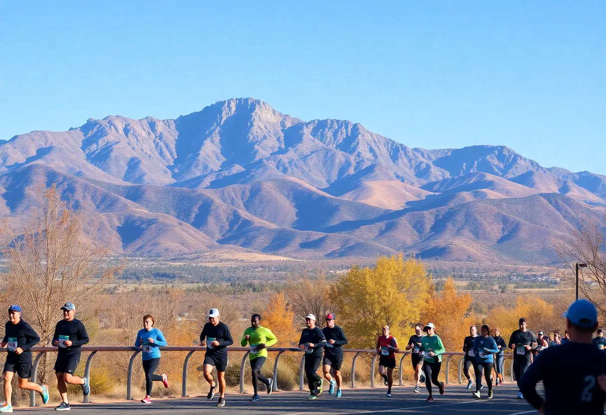 Participants running in the Duke City Marathon with Sandia Mountains in the background