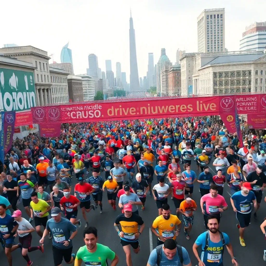 Arial view showcasing the participating runners at the Duke City Marathon with vibrant city backdrop.