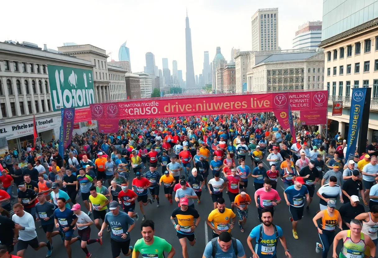 Arial view showcasing the participating runners at the Duke City Marathon with vibrant city backdrop.