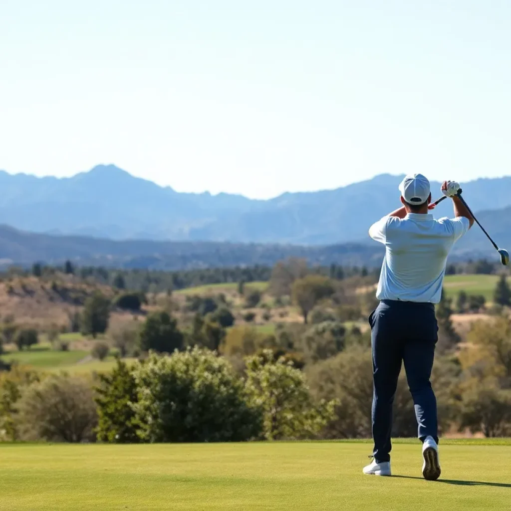 A golfer practicing on a scenic golf course in Albuquerque