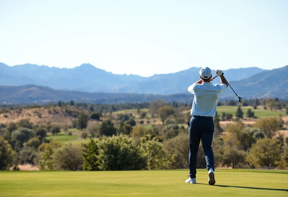 A golfer practicing on a scenic golf course in Albuquerque