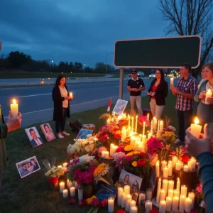 Vigil attendees holding candles at a memorial site for Elmira Ward
