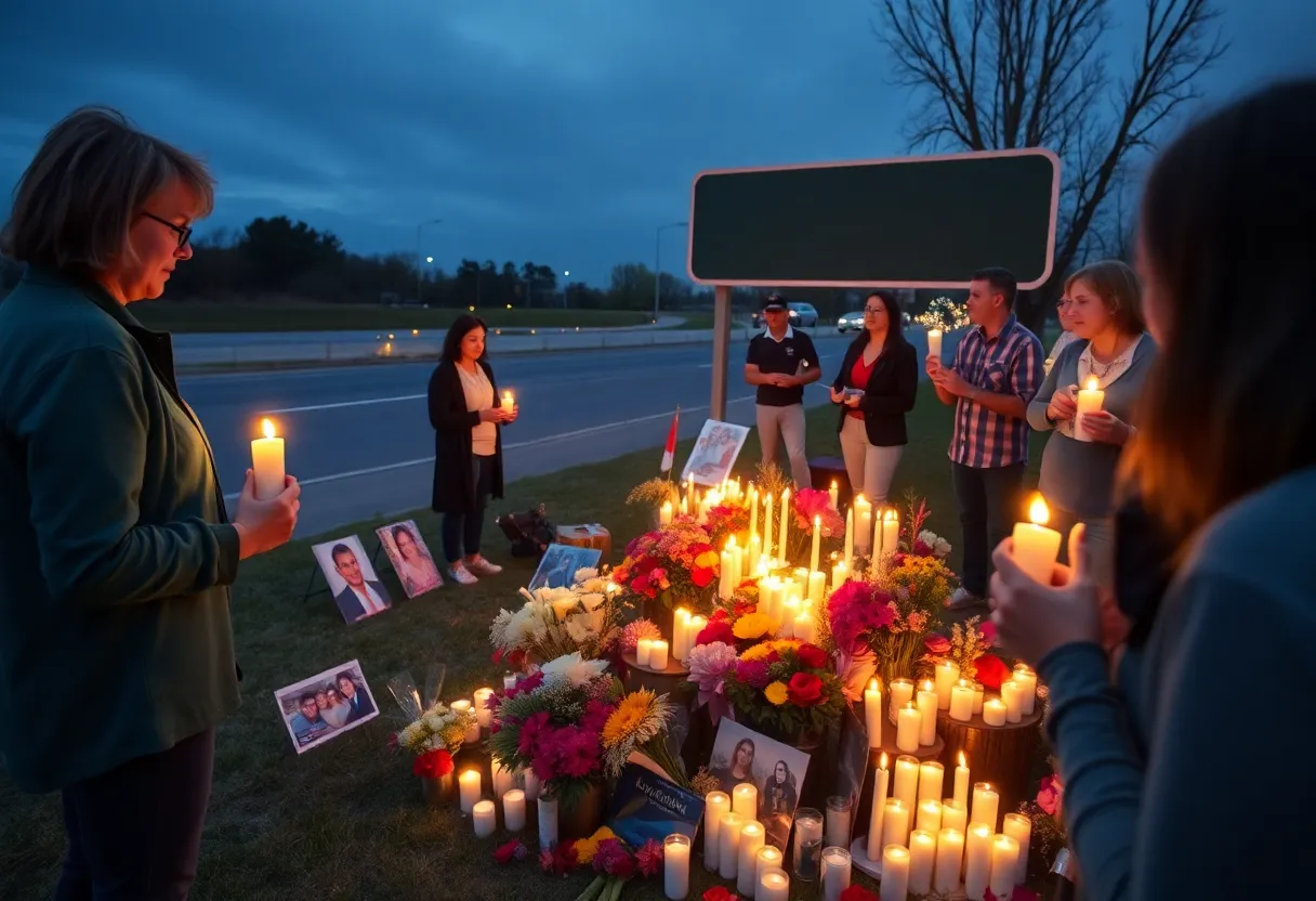 Vigil attendees holding candles at a memorial site for Elmira Ward