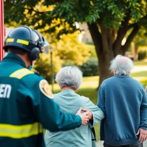 Emergency responders helping elderly individuals in a community setting
