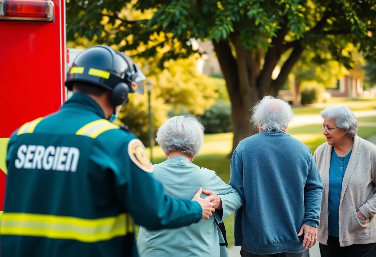 Emergency responders helping elderly individuals in a community setting