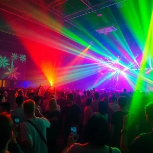 Crowd enjoying the Experimental Wavetrails Festival with light displays.