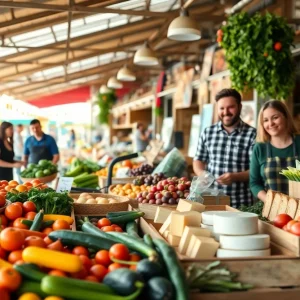 Colorful display of locally sourced produce and artisan products at the Farm to You market in Albuquerque.