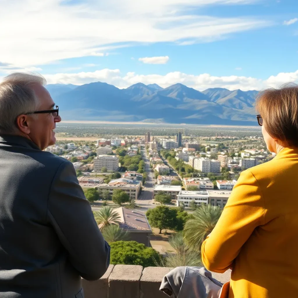 Financial advisors discussing retirement strategies against the backdrop of Albuquerque