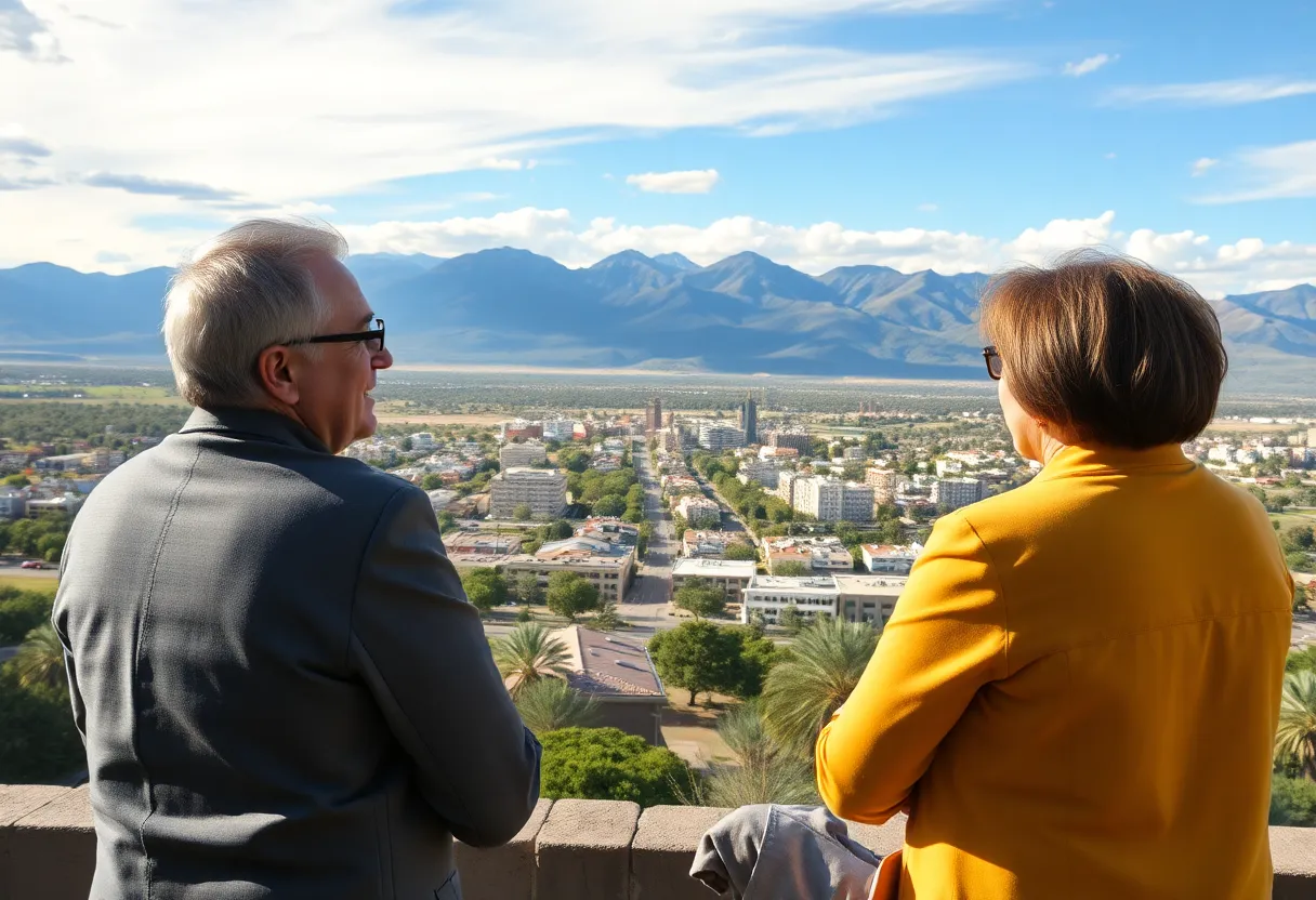Financial advisors discussing retirement strategies against the backdrop of Albuquerque