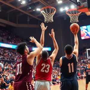 University of New Mexico freshmen performing basketball dunks during Lobo Howl event