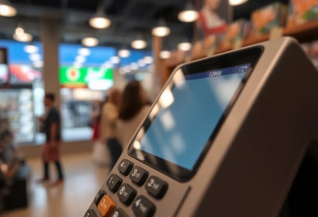 Illustration of a contactless payment terminal hinting at ghost tapping scam risks.