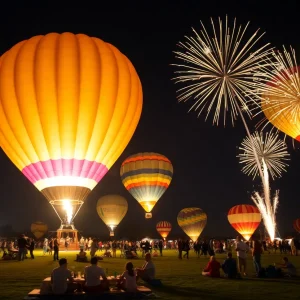 Illuminated hot air balloons at night during the Globito Glow event in Albuquerque