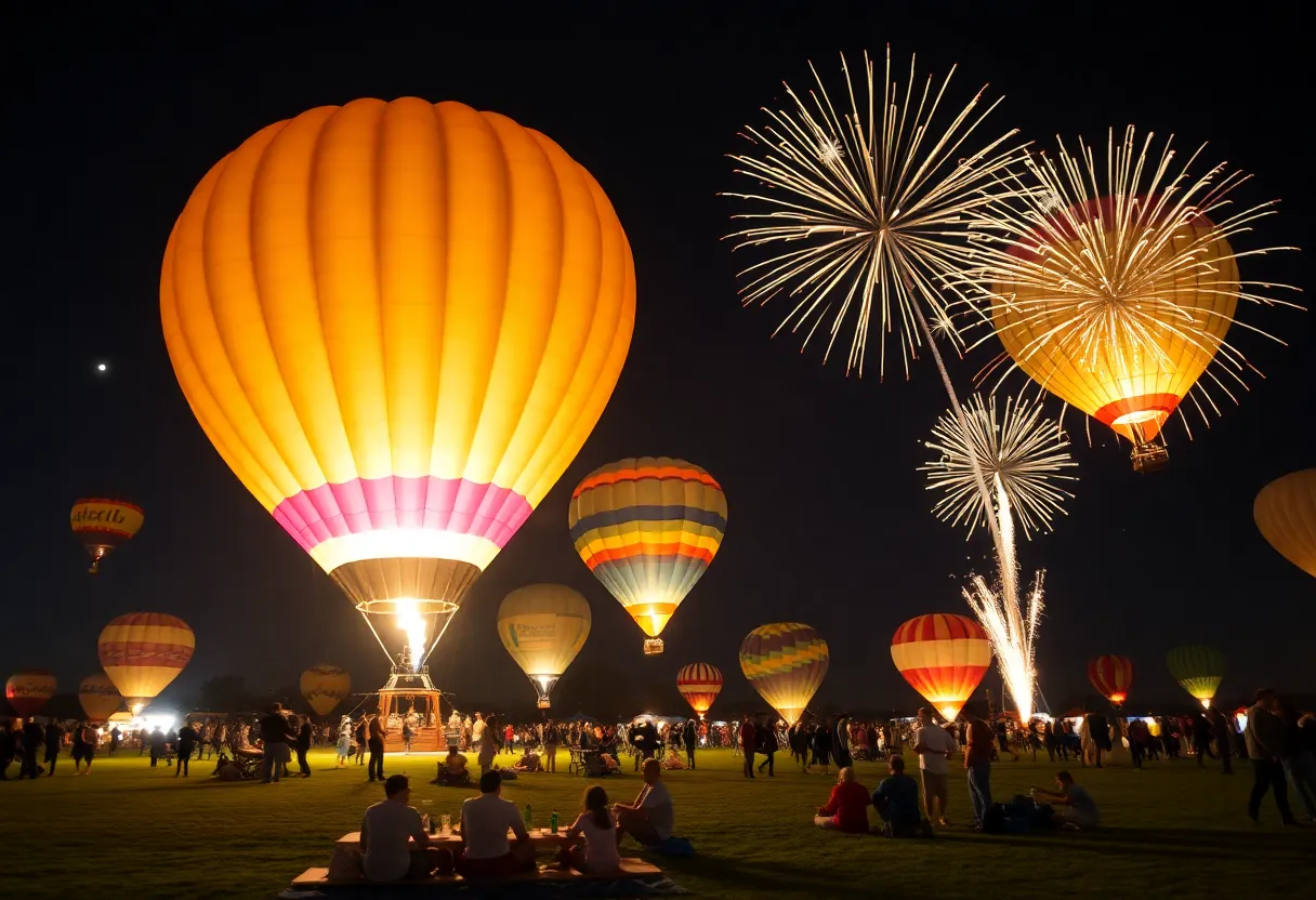 Illuminated hot air balloons at night during the Globito Glow event in Albuquerque