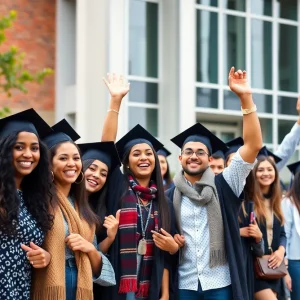 Diverse group of students in graduation caps and gowns celebrating in front of a college building.