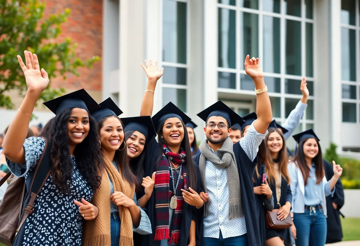 Diverse group of students in graduation caps and gowns celebrating in front of a college building.