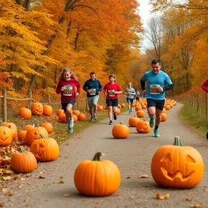 Runners participating in the Great Pumpkin Chase on a scenic autumn trail.