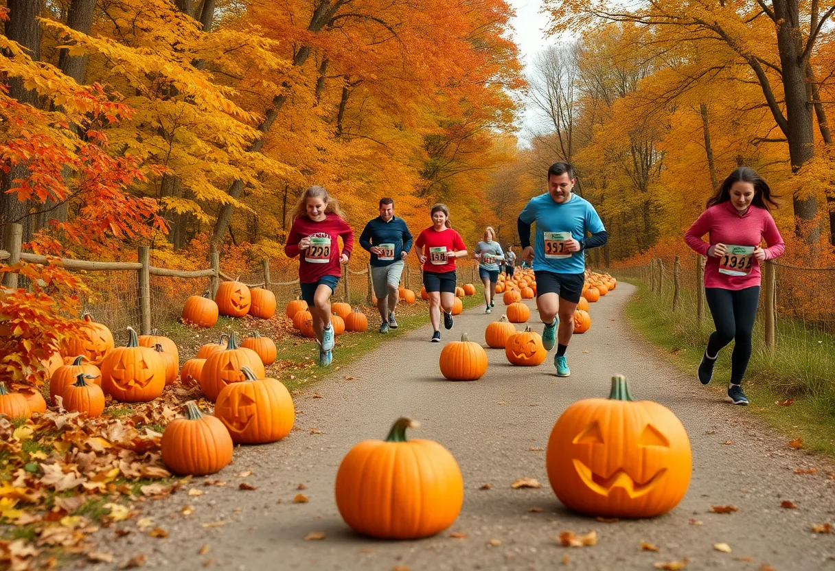 Runners participating in the Great Pumpkin Chase on a scenic autumn trail.