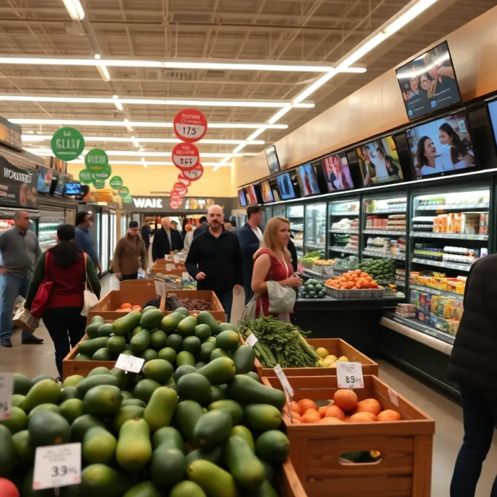 Inside an Albuquerque grocery store showing price hikes on avocados and electronics